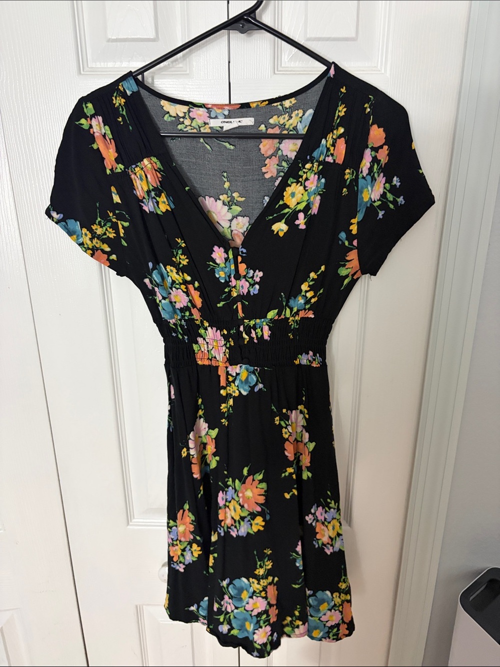 O'Neill Black Floral V-Neck Short Dress